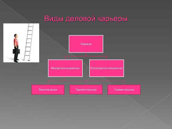 Виды деловой карьеры Карьера Межорганизационная Вертикальная Внутриорганизационная Горизонтальная Стремительная 