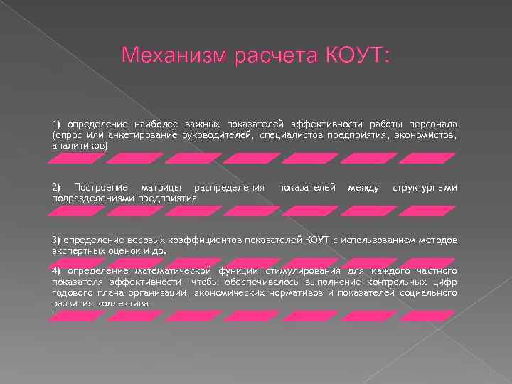 Механизм расчета КОУТ: 1) определение наиболее важных показателей эффективности работы персонала (опрос или анкетирование