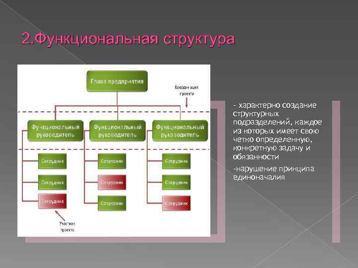 2. Функциональная структура - характерно создание структурных подразделений, каждое из которых имеет свою четко