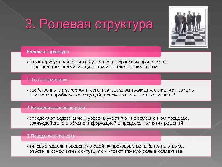 3. Ролевая структура • характеризует коллектив по участию в творческом процессе на производстве, коммуникационным