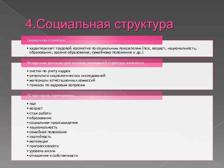 4. Социальная структура • характеризует трудовой коллектив по социальным показателям (пол, возраст, национальность, образование,