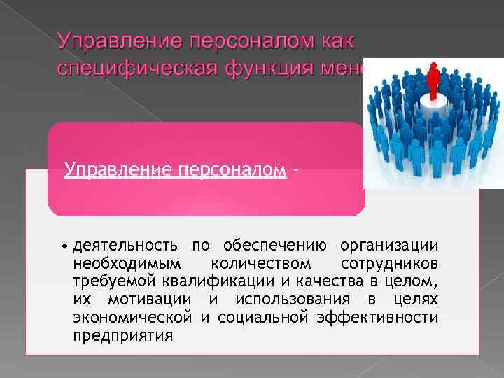 Управление персоналом как специфическая функция менеджмента Управление персоналом - • деятельность по обеспечению организации