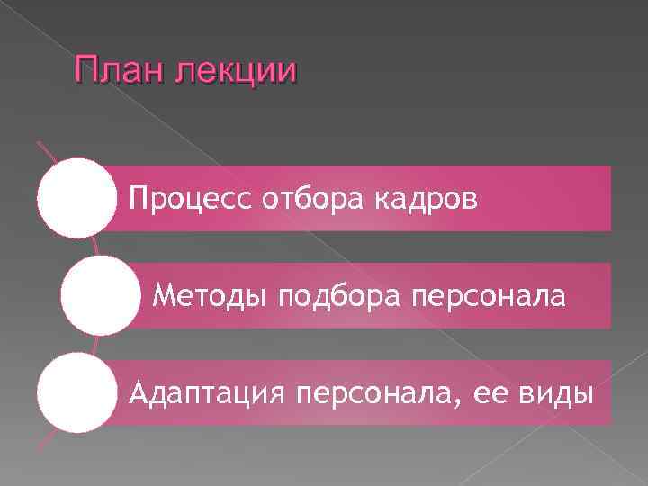 План лекции Процесс отбора кадров Методы подбора персонала Адаптация персонала, ее виды 