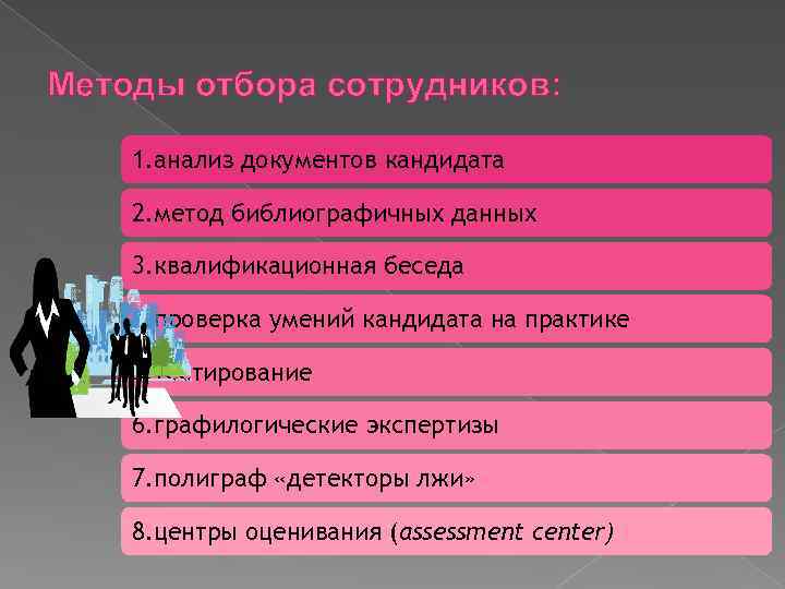 Методы отбора сотрудников: 1. анализ документов кандидата 2. метод библиографичных данных 3. квалификационная беседа