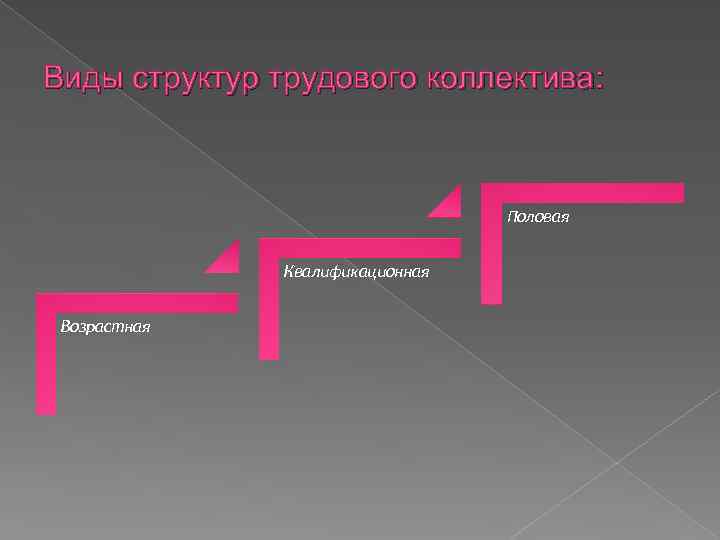 Виды структур трудового коллектива: Половая Квалификационная Возрастная 