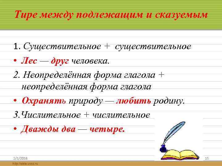Тире между подлежащим и сказуемым 1. Существительное + существительное • Лес — друг человека.