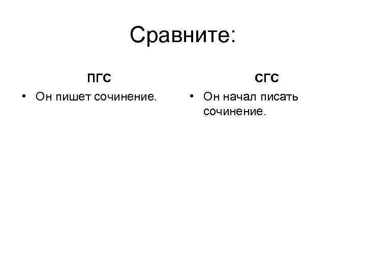 Сравните: ПГС • Он пишет сочинение. СГС • Он начал писать сочинение. 