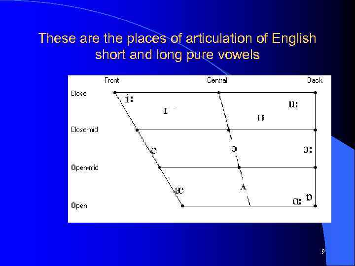 These are the places of articulation of English short and long pure vowels 9