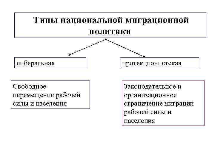 Типы национальной миграционной политики либеральная Свободное перемещение рабочей силы и населения протекционистская Законодательное и