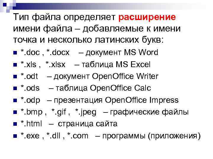 Тип файла определяет расширение имени файла – добавляемые к имени точка и несколько латинских