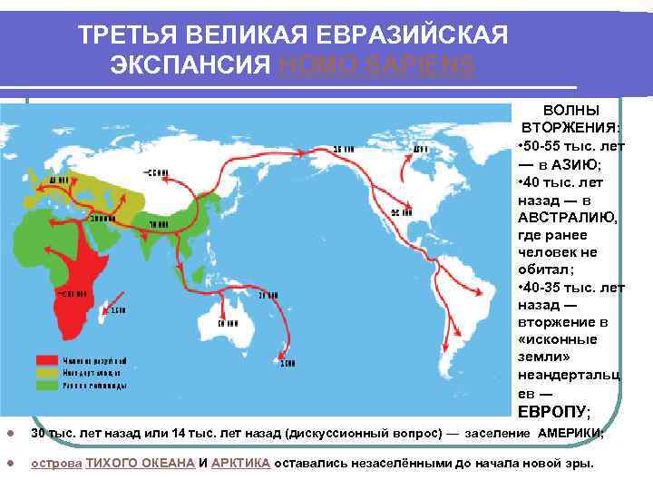 ТРЕТЬЯ ВЕЛИКАЯ ЕВРАЗИЙСКАЯ ЭКСПАНСИЯ HOMO SAPIENS ВОЛНЫ ВТОРЖЕНИЯ: • 50 -55 тыс. лет ―