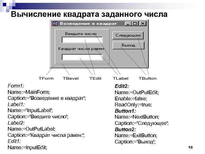 Вычисление квадрата заданного числа Form 1: Name: =Main. Form; Caption: ='Возведение в квадрат'; Label