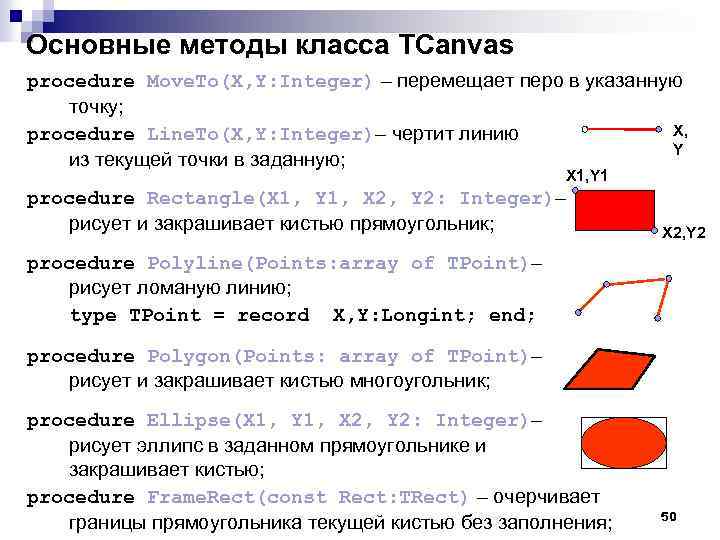 Основные методы класса TCanvas procedure Move. To(X, Y: Integer) – перемещает перо в указанную