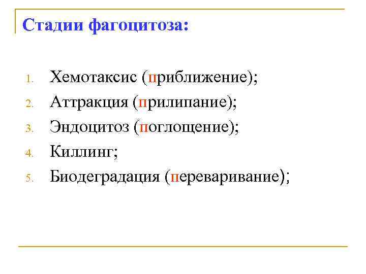 Стадии фагоцитоза: 1. 2. 3. 4. 5. Хемотаксис (приближение); Аттракция (прилипание); Эндоцитоз (поглощение); Киллинг;