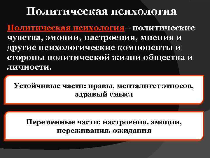 Политическая психология– политические чувства, эмоции, настроения, мнения и другие психологические компоненты и стороны политической