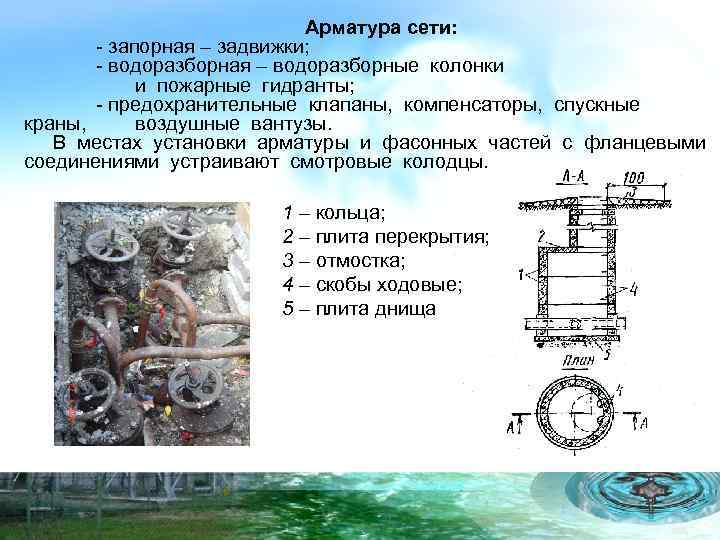 Арматура сети: - запорная – задвижки; - водоразборная – водоразборные колонки и пожарные гидранты;