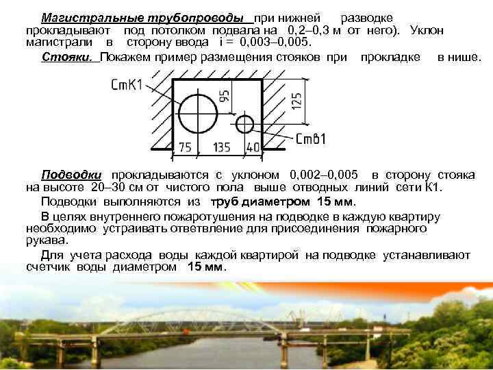 Магистральные трубопроводы при нижней разводке прокладывают под потолком подвала на 0, 2– 0, 3