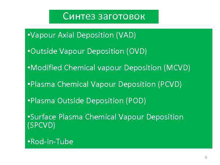Синтез заготовок • Vapour Axial Deposition (VAD) • Outside Vapour Deposition (OVD) • Modified