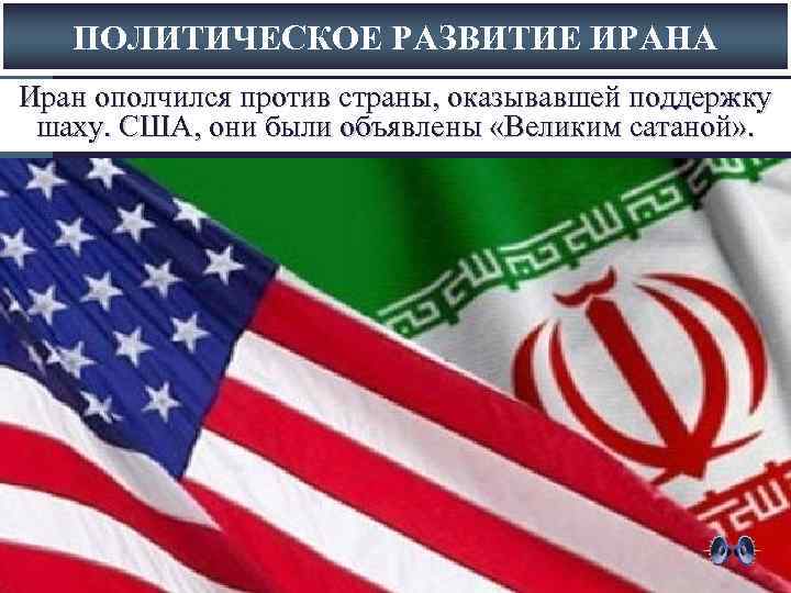 ПОЛИТИЧЕСКОЕ РАЗВИТИЕ ИРАНА Иран ополчился против страны, оказывавшей поддержку шаху. США, они были объявлены