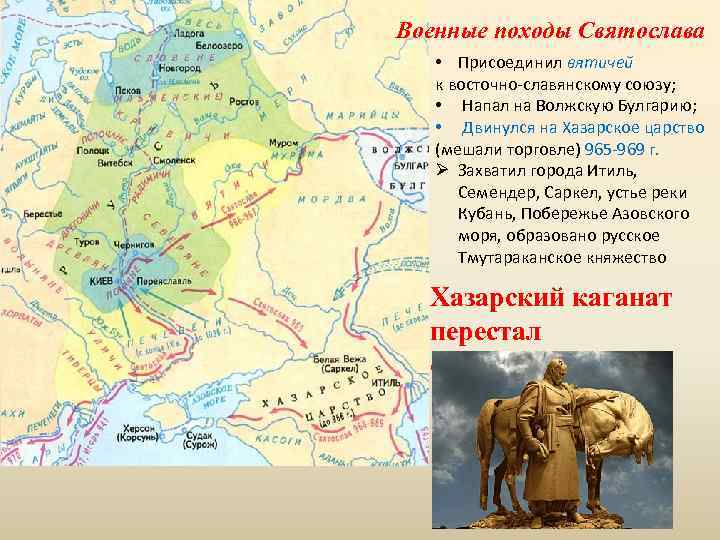 Военные походы Святослава • Присоединил вятичей к восточно-славянскому союзу; • Напал на Волжскую Булгарию;