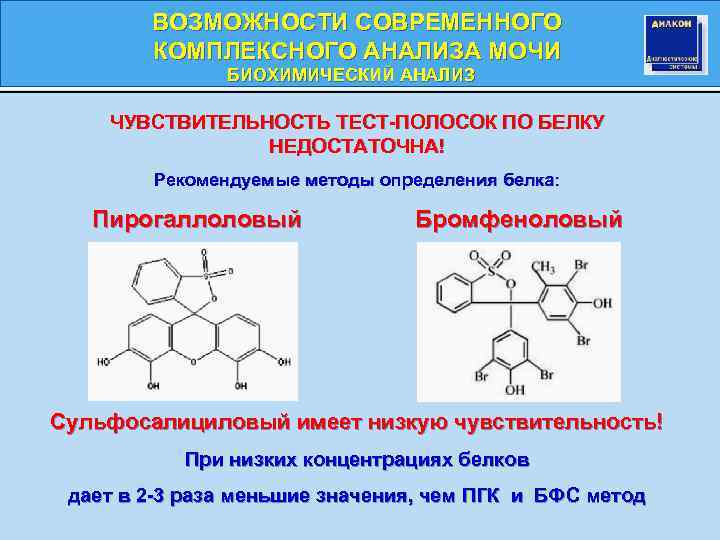 ВОЗМОЖНОСТИ СОВРЕМЕННОГО КОМПЛЕКСНОГО АНАЛИЗА МОЧИ БИОХИМИЧЕСКИЙ АНАЛИЗ ЧУВСТВИТЕЛЬНОСТЬ ТЕСТ-ПОЛОСОК ПО БЕЛКУ НЕДОСТАТОЧНА! Рекомендуемые методы