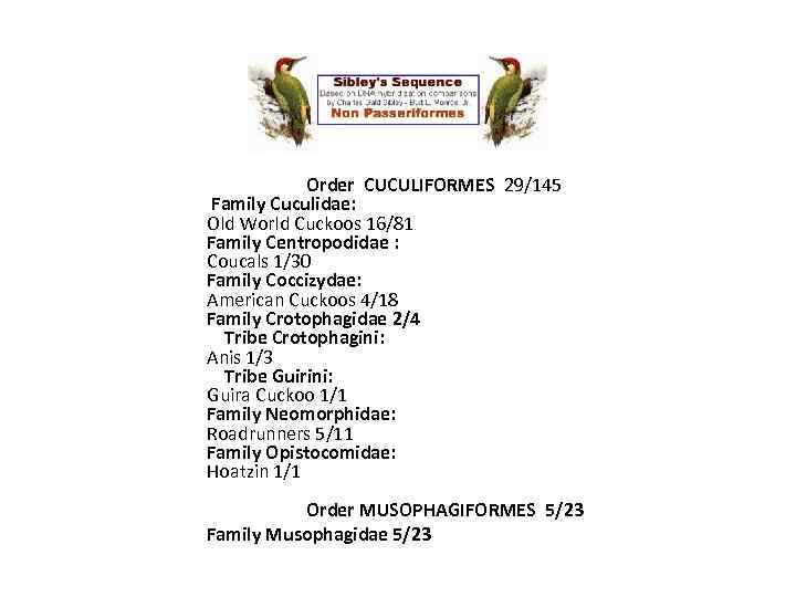 Order CUCULIFORMES 29/145 Family Cuculidae: Old World Cuckoos 16/81 Family Centropodidae : Coucals 1/30