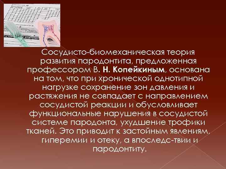 Сосудисто биомеханическая теория развития пародонтита, предложенная профессором В. Н. Копейкиным, основана на том, что