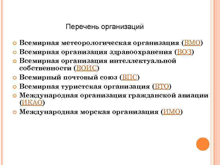 Перечень организаций Всемирная метеорологическая организация (ВМО) Всемирная организация здравоохранения (ВОЗ) Всемирная организация интеллектуальной собственности