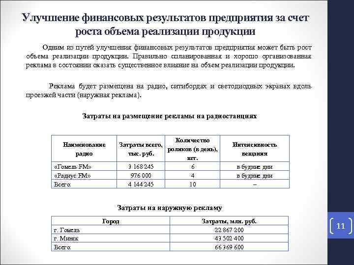 Улучшение финансовых результатов предприятия за счет роста объема реализации продукции Одним из путей улучшения