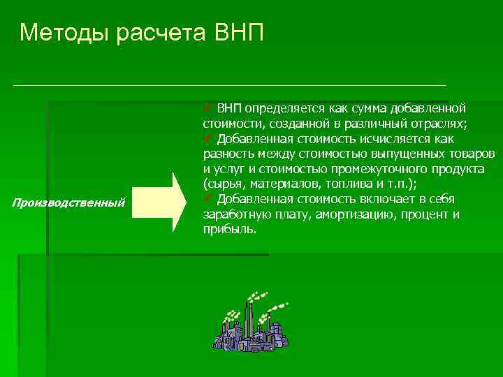 Методы расчета ВНП Производственный ü ВНП определяется как сумма добавленной стоимости, созданной в различный