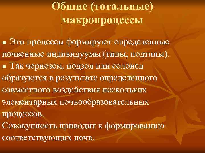 Общие (тотальные) макропроцессы Эти процессы формируют определенные почвенные индивидуумы (типы, подтипы). n Так чернозем,