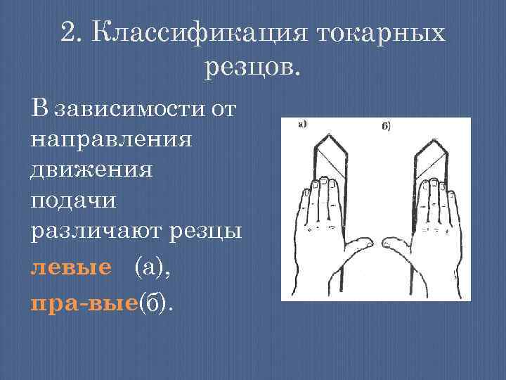2. Классификация токарных резцов. В зависимости от направления движения подачи различают резцы левые (а),