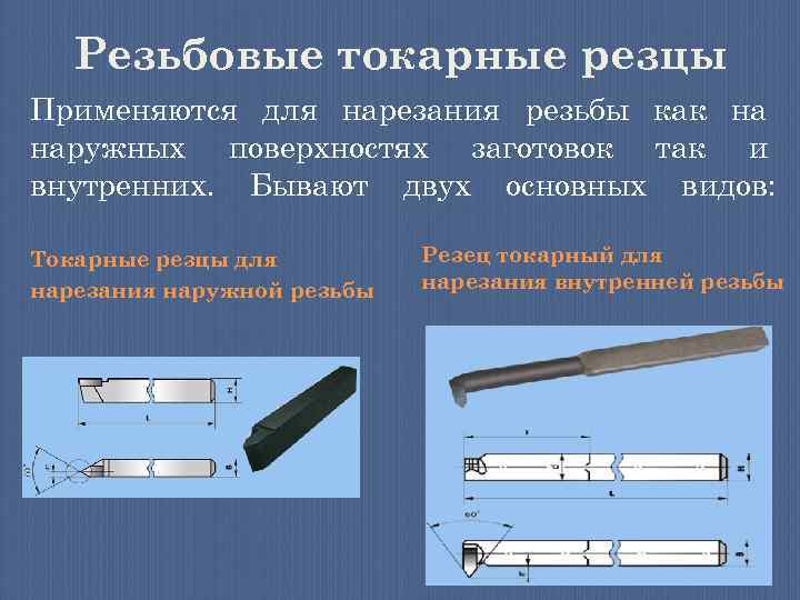 Резьбовые токарные резцы Применяются для нарезания резьбы как на наружных поверхностях заготовок так и