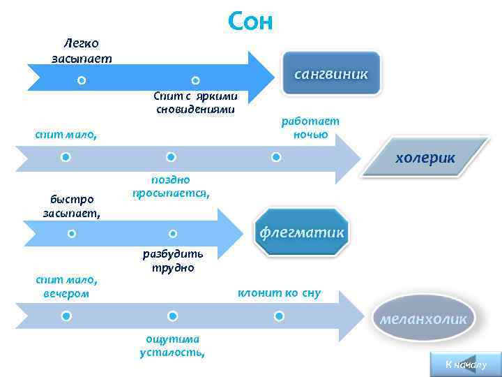 Сон Легко засыпает сангвиник Спит с яркими сновидениями спит мало, работает ночью холерик быстро