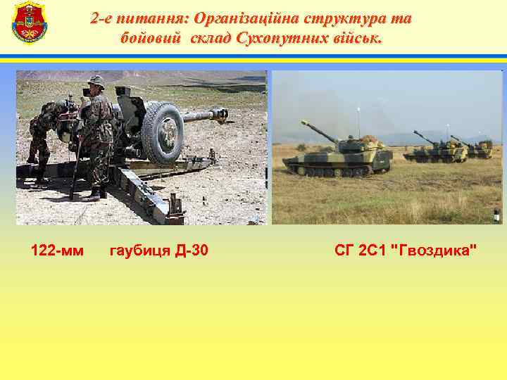 2 -е питання: Організаційна структура та бойовий склад Сухопутних військ. 122 -мм гаубиця Д-30