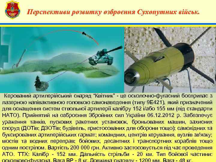Перспективи розвитку озброєння Сухопутних військ. 4 Керований артилерійський снаряд “Квітник” - це осколочно-фугасний боєприпас