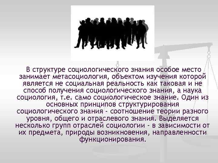  В структуре социологического знания особое место занимает метасоциология, объектом изучения которой является не