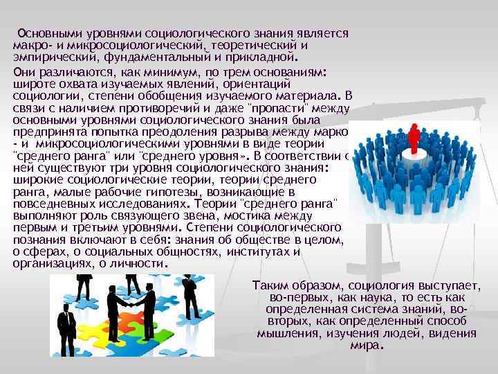  Основными уровнями социологического знания является макро- и микросоциологический, теоретический и эмпирический, фундаментальный и