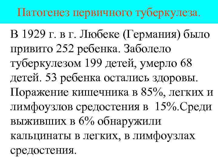 Патогенез первичного туберкулеза. В 1929 г. в г. Любеке (Германия) было привито 252 ребенка.
