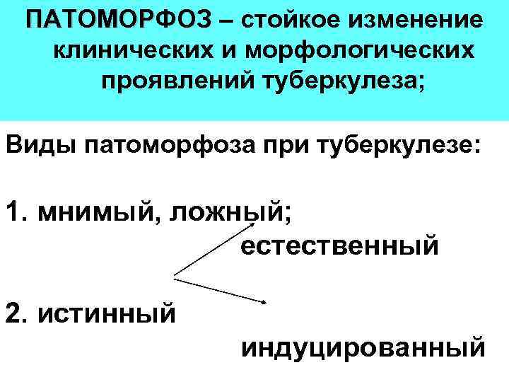 ПАТОМОРФОЗ – стойкое изменение клинических и морфологических проявлений туберкулеза; Виды патоморфоза при туберкулезе: 1.