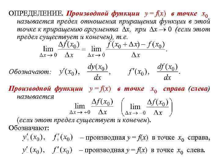  ОПРЕДЕЛЕНИЕ. Производной функции y = f(x) в точке x 0 называется предел отношения
