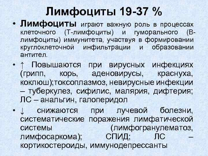 Лимфоциты 19 -37 % • Лимфоциты играют важную роль в процессах клеточного (Т-лимфоциты) и
