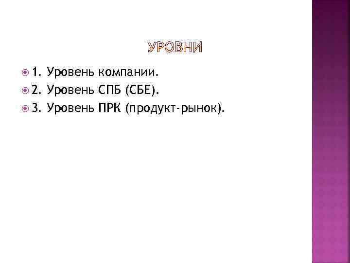  1. Уровень компании. 2. Уровень СПБ (СБЕ). 3. Уровень ПРК (продукт-рынок). 