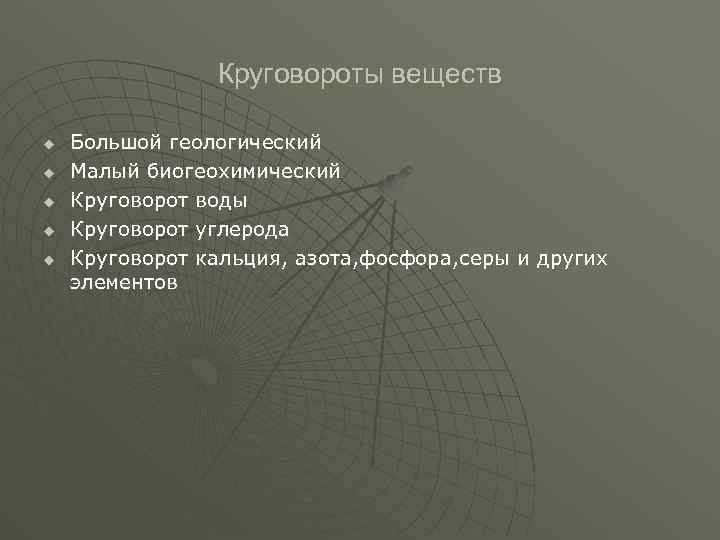 Круговороты веществ u u u Большой геологический Малый биогеохимический Круговорот воды Круговорот углерода Круговорот
