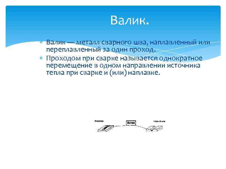 Валик. Валик — металл сварного шва, наплавленный или переплавленный за один проход. Проходом при