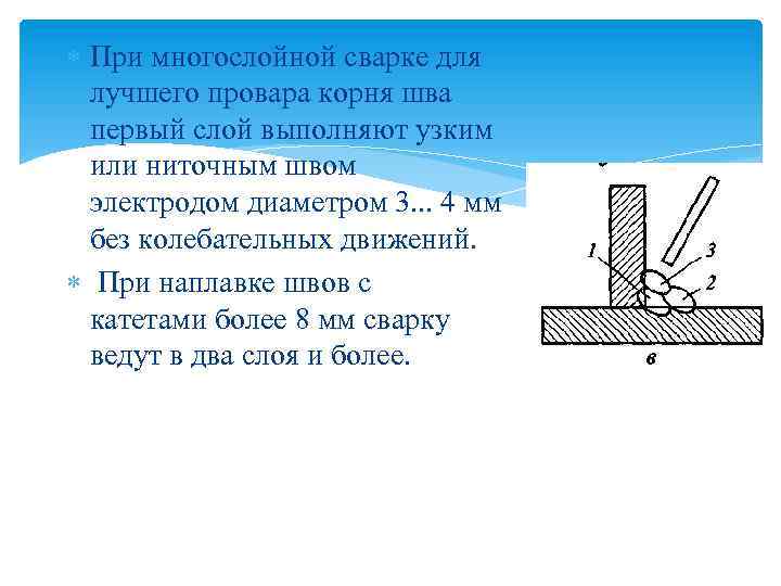  При многослойной сварке для лучшего провара корня шва первый слой выполняют узким или