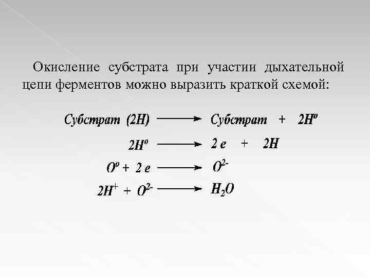 Окисление субстрата при участии дыхательной цепи ферментов можно выразить краткой схемой: 