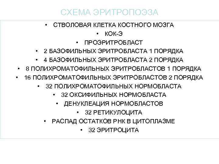 СХЕМА ЭРИТРОПОЭЗА • СТВОЛОВАЯ КЛЕТКА КОСТНОГО МОЗГА • КОК-Э • ПРОЭРИТРОБЛАСТ • 2 БАЗОФИЛЬНЫХ