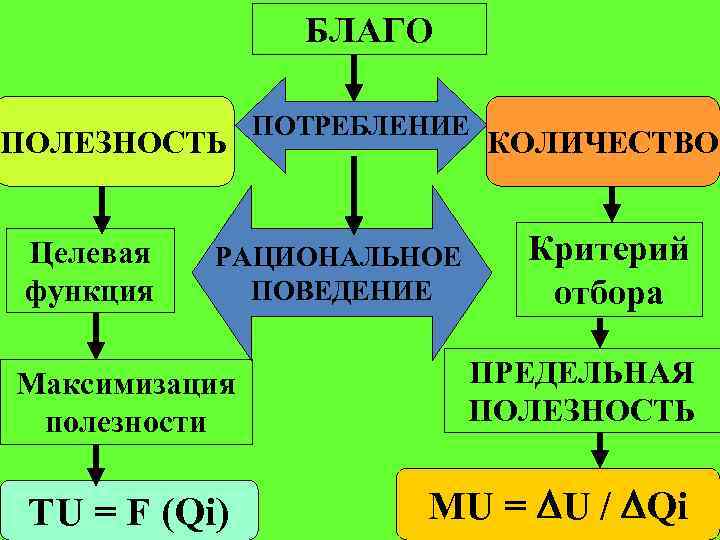 БЛАГО ПОЛЕЗНОСТЬ Целевая функция ПОТРЕБЛЕНИЕ РАЦИОНАЛЬНОЕ ПОВЕДЕНИЕ КОЛИЧЕСТВО Критерий отбора Максимизация полезности ПРЕДЕЛЬНАЯ ПОЛЕЗНОСТЬ