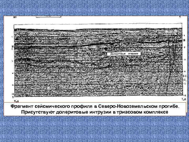 Фрагмент сейсмического профиля в Северо-Новоземельском прогибе. Присутствуют долеритовые интрузии в триасовом комплексе 